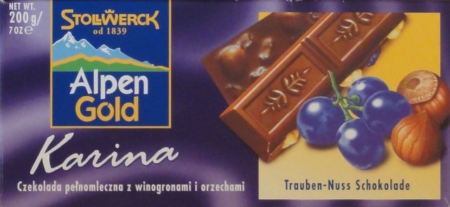 Alpen Gold srednie poziom kwadrat pelnomleczna z winogronami i orzechami Karina 7 OZ