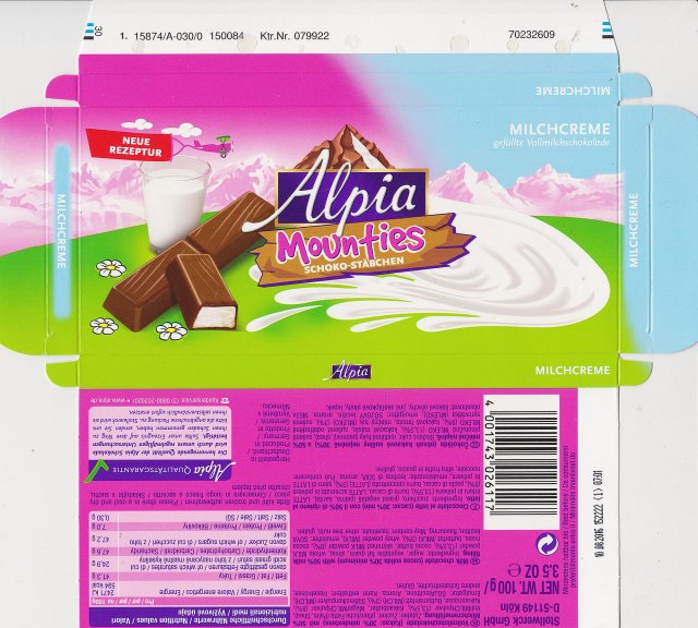 Alpia mounties schokostabchen milchcreme neue rezeptur