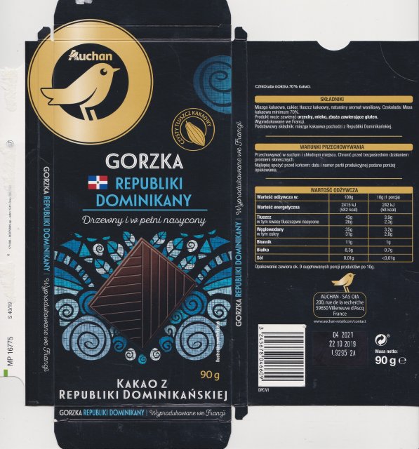 Auchan czysty tÅuszcz kakaowy gorzka Republiki Dominikany drzewny i w peÅni nasycony