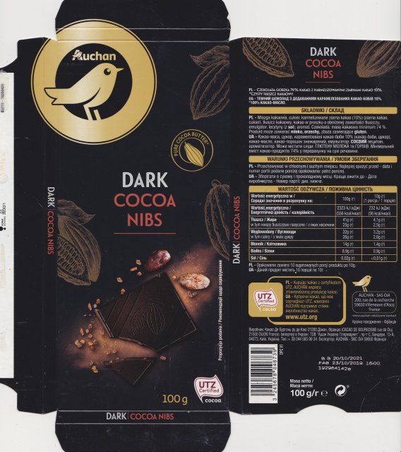Auchan pure cocoa butter dark cocoa nibs UTZ