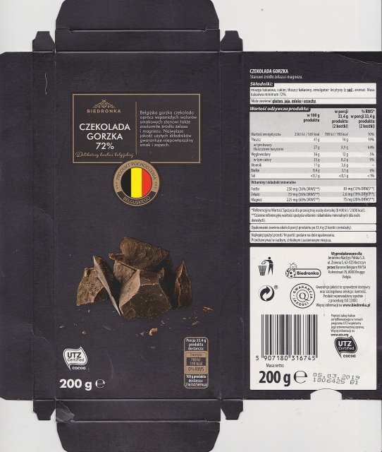 Baronie Belgium Biedronka gorzka 72 UTZ 190kcal
