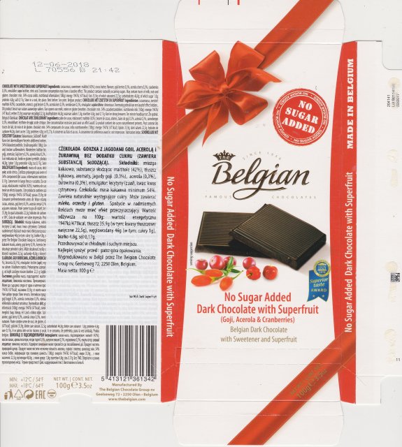 Belgian 3 no sugar added dark chocolate with superfruit