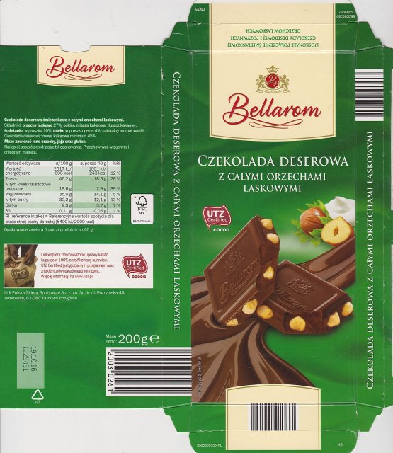 Bellarom srednie UTZ czekolada deserowa z calymi orzechami laskowymi
