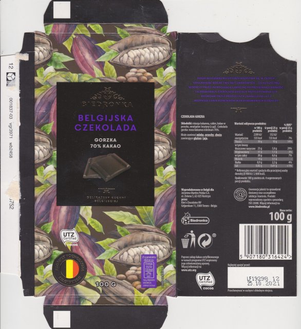 Biedronka belgijska czekolada gorzka 70 kakao utz 133kcal