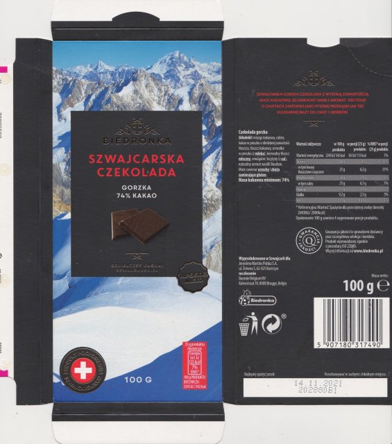 Biedronka szwajcarska czekolada gorzka 74 135kcal