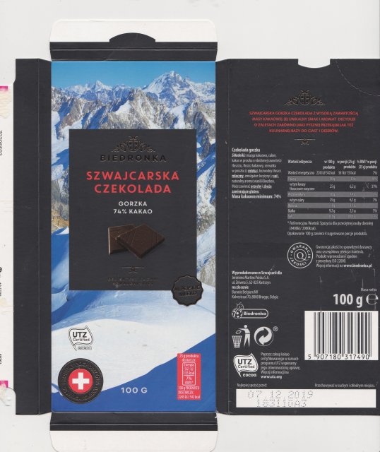 Biedronka szwajcarska czekolada gorzka 74 UTZ 135kcal