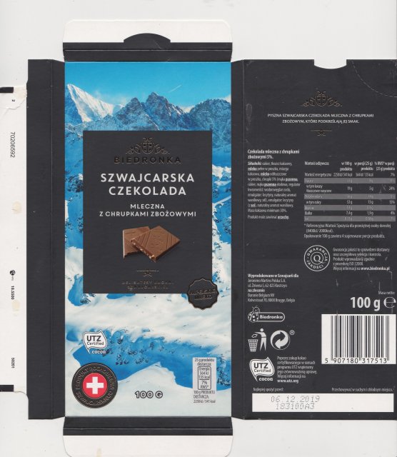 Biedronka szwajcarska czekolada mleczna z chrupkami zbozowymi UTZ 135kcal