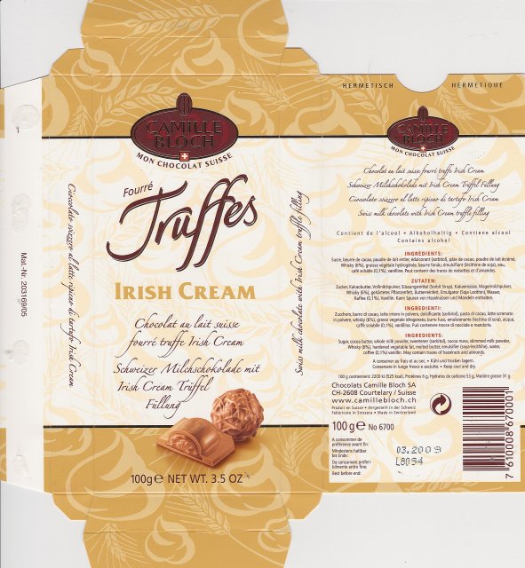Camille Bloch pion 3 Truffes Irish Cream