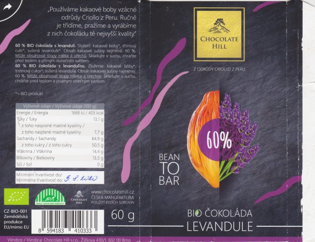 Chocolate Hill 70 z odrudy criollo z Peru bio levandule