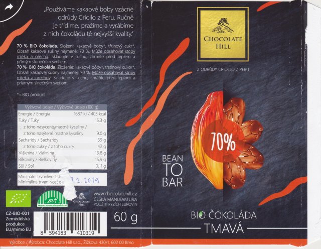 Chocolate Hill 70 z odrudy criollo z Peru bio tmava