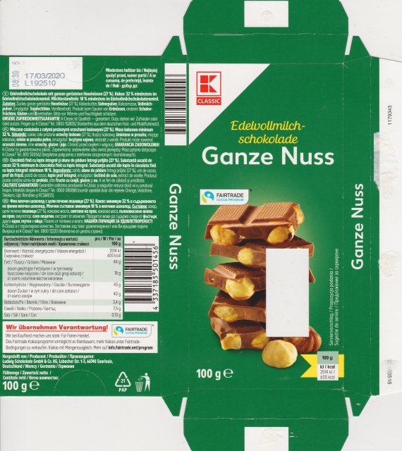Classic pion Ganze Nuss edelvollmilch schokolade 605kcal fairtrade