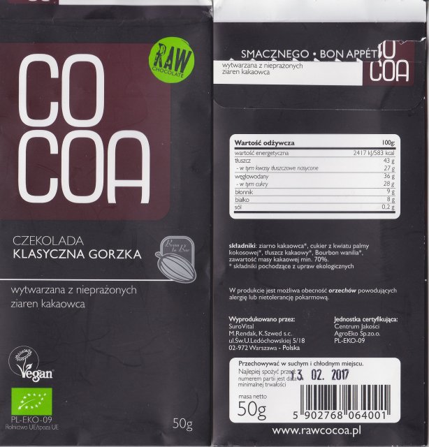 Cocoa czekolada klasyczna gorzka