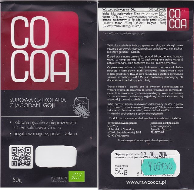 Cocoa surowa czekolada z jagodami goji