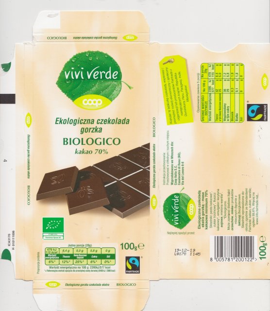 Coop vivi verde ekologiczna czekolada gorzka biologico 70 115kcal