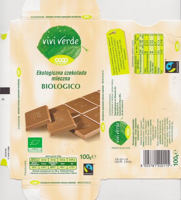 Coop vivi verde ekologiczna czekolada mleczna biologico 122kcal