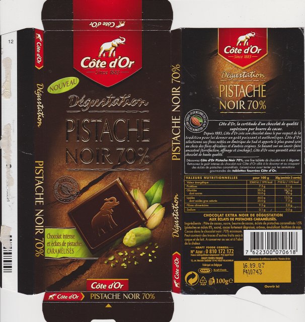 Cote dOr pion degustation pistache noir 70 nouveau