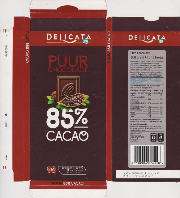 Delicata Puur chocolade 85 cacao 60kcal