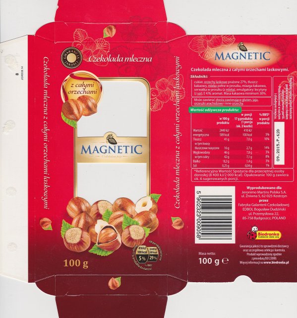 Edbol Magnetic mleczna z calymi orzechami 100kcal czerwona