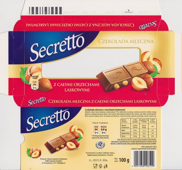 Edbol Secretto mleczna z caÅymi irzechami laskowymi 94kcal