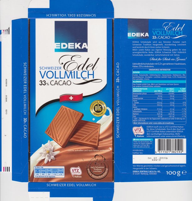 Edeka Schweizer Edel Vollmilch 33 cacao 56kcal UTZ