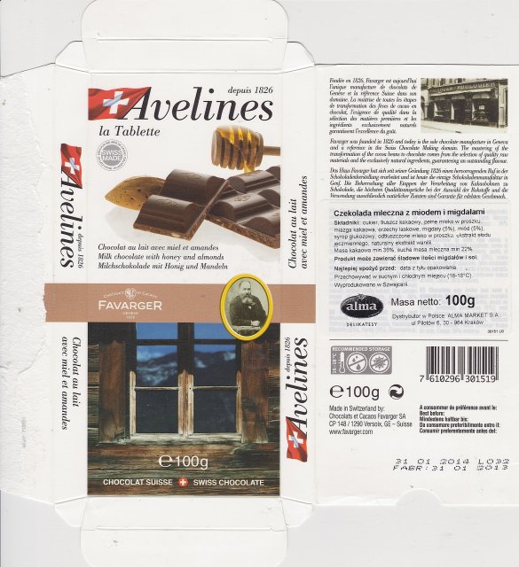 Favarger Avelines milk chocolate with honey and almonds