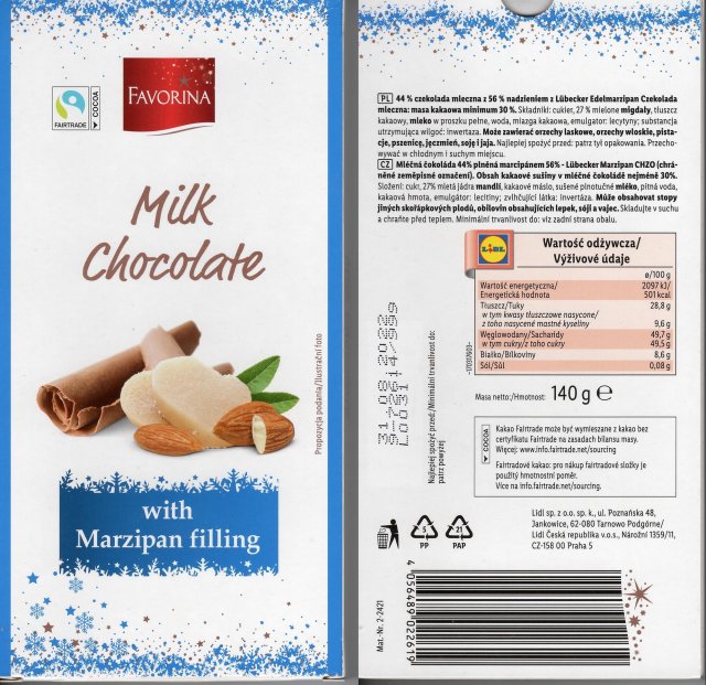 Favorina milk with marzipan filling fairtrade