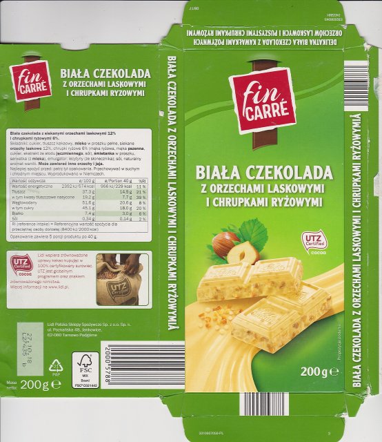 Fin Carre srednie 1 biaÅa czekolada z orzechami laskowymi i chrupkami ryÅ¼owymi UTZ