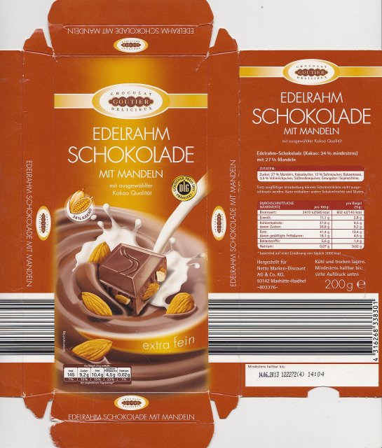 Goutier Edel Rahm schokolade mit mandeln dlg 145kcal