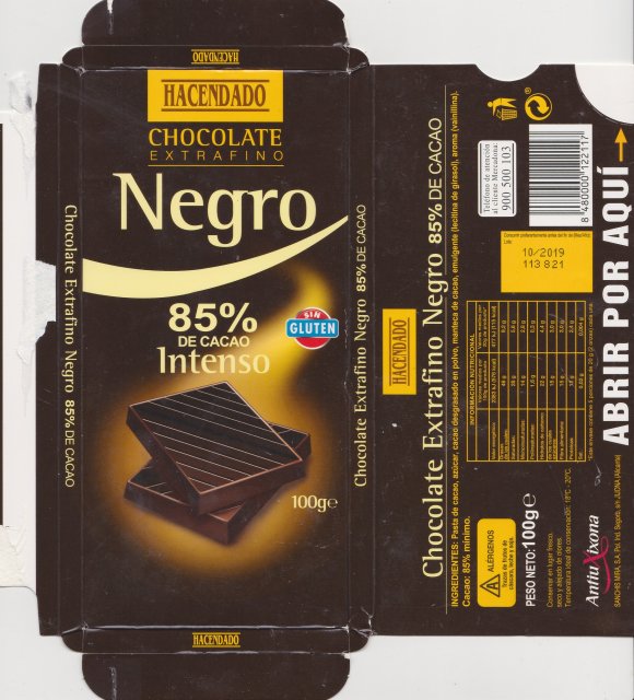 Hacendado Negro 85 de cacao intenso sin gluten