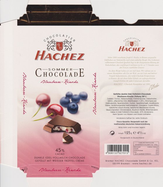 Hachez Sommer Chocolade Blauberre Kirsche