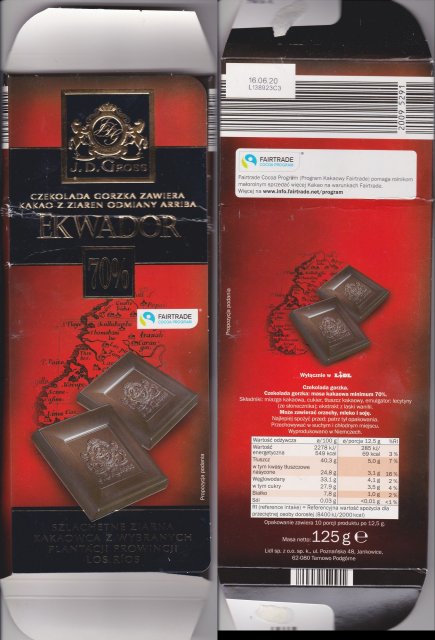 J D Gross Ekwador 70% gorzka z ziaren kakao odmiany arriba fairtrade