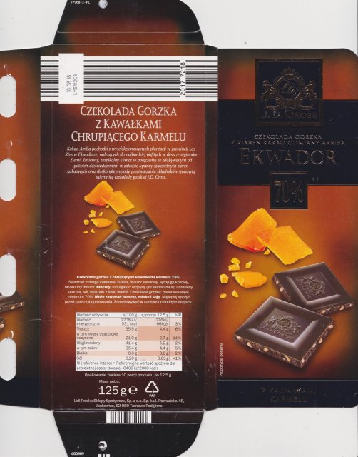 J D Gross Ekwador 70% gorzka z ziaren kakao odmiany arriba z kawalkami karmelu