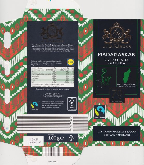 J D Gross Madagaskar 70 cacao czekolada gorzka z kakao odmiany Trinitario