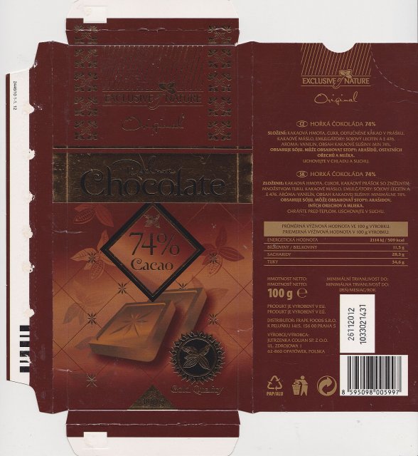 Jutrzenka Exclusive Nature Original Deluxe Chocolate 74 Cacao gold quality