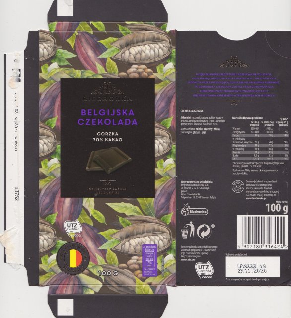Kim's biedronka belgijska czekolada gorzka 70 UTZ 133kcal