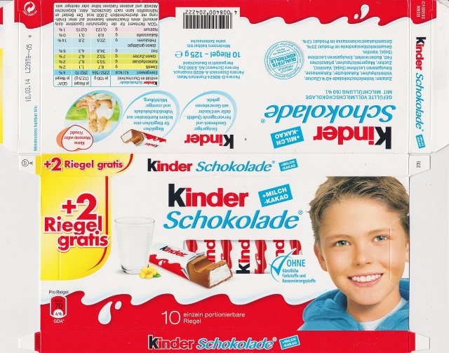 Kinder Schokolade prostokat niebieska 70kcal ohne 2 Riegel gratis