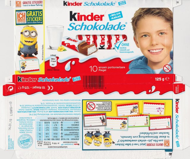Kinder Schokolade prostokat niebieska 71kcal fratis sticker