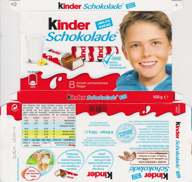 Kinder Schokolade prostokat niebieska milch kakao 70kcal ohne kunstlische