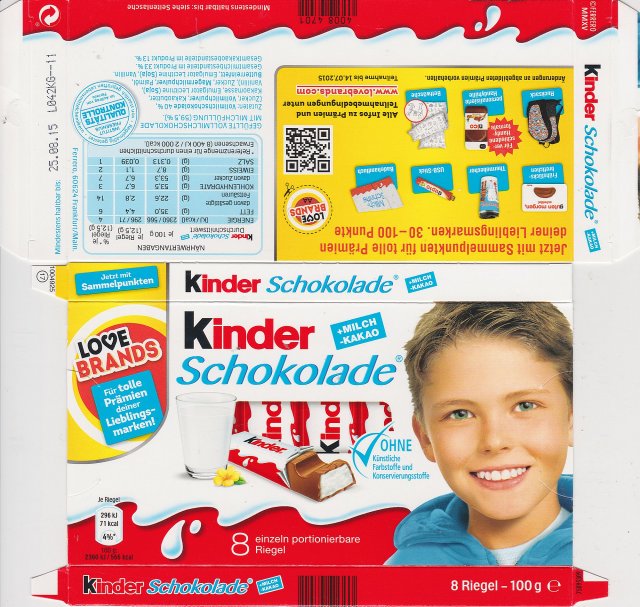 Kinder Schokolade prostokat niebieska milch kakao 71kcal ohne kunstliche love brands