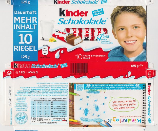 Kinder Schokolade prostokat niebieska milch kakao ohne 71kcal mehr inhalt 10 riegel