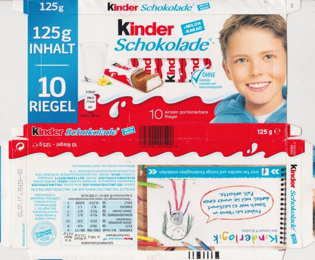 Kinder Schokolade prostokat niebieska milch kakao ohne 71kcal125g inhalt 10 riegel