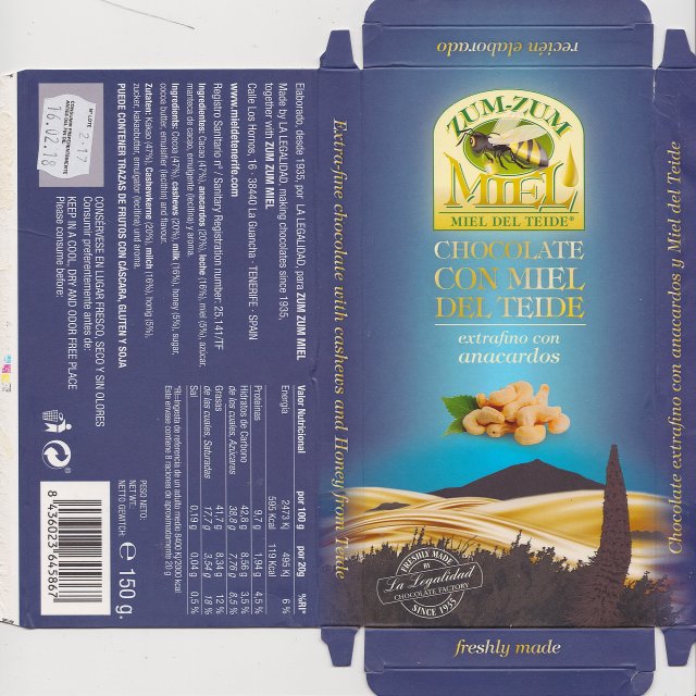 La Legalidad zum zum chocolate con miel del teide extrafino con anacardos