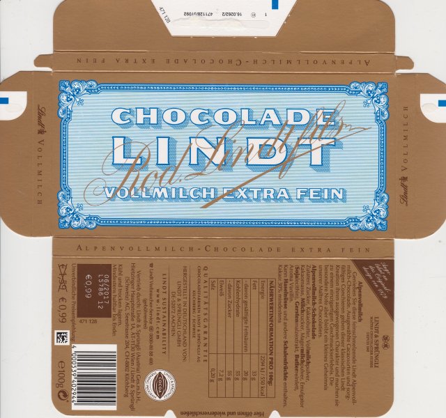 Lindt 0 poziom vollmilch extra fein