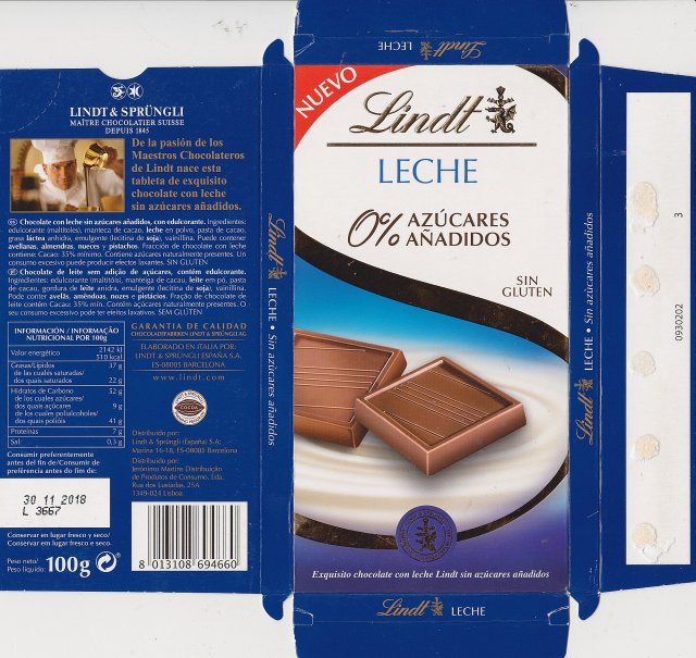 Lindt male Leche 0 azucares sin gluten nuevo