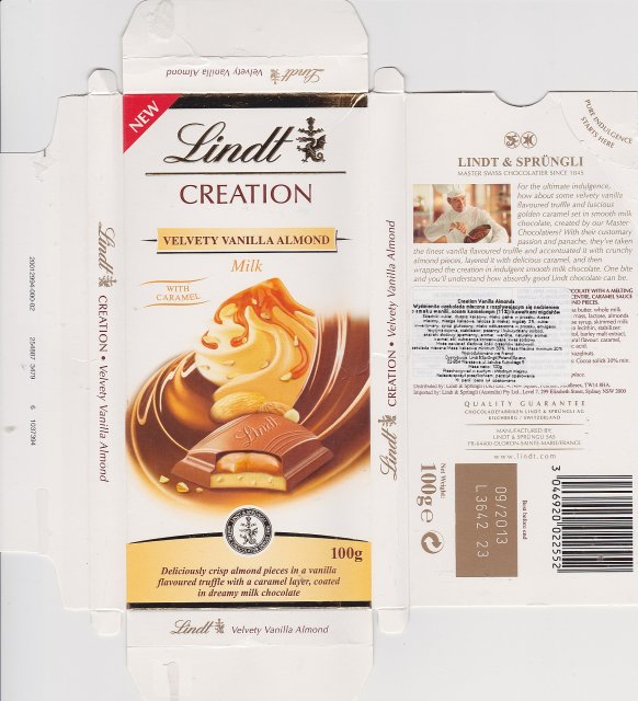Lindt male pion creation Velvety Vanilla Almond milk new