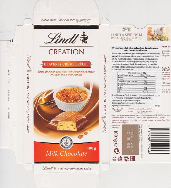 Lindt male pion creation heavenly creme brulee milk chocolate