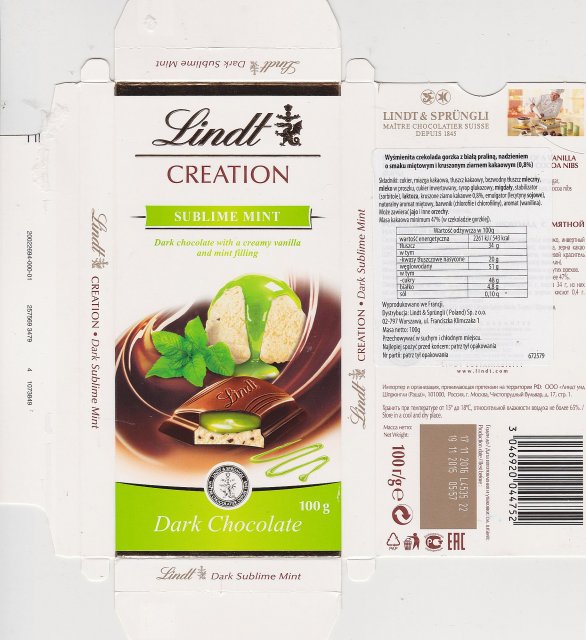 Lindt male pion creation sublime mint dark chocolate