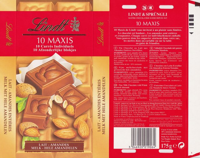 Lindt srednie 10 Maxis Lait Amandes