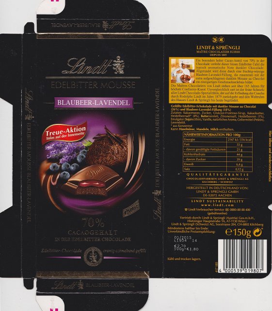 Lindt srednie edelbitter mousse blaubeer lavendel treue Aktion