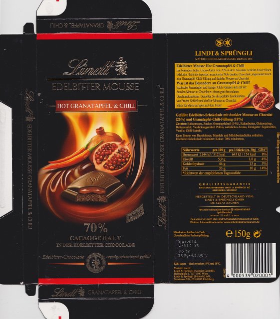 Lindt srednie edelbitter mousse hot granatapfel & chili